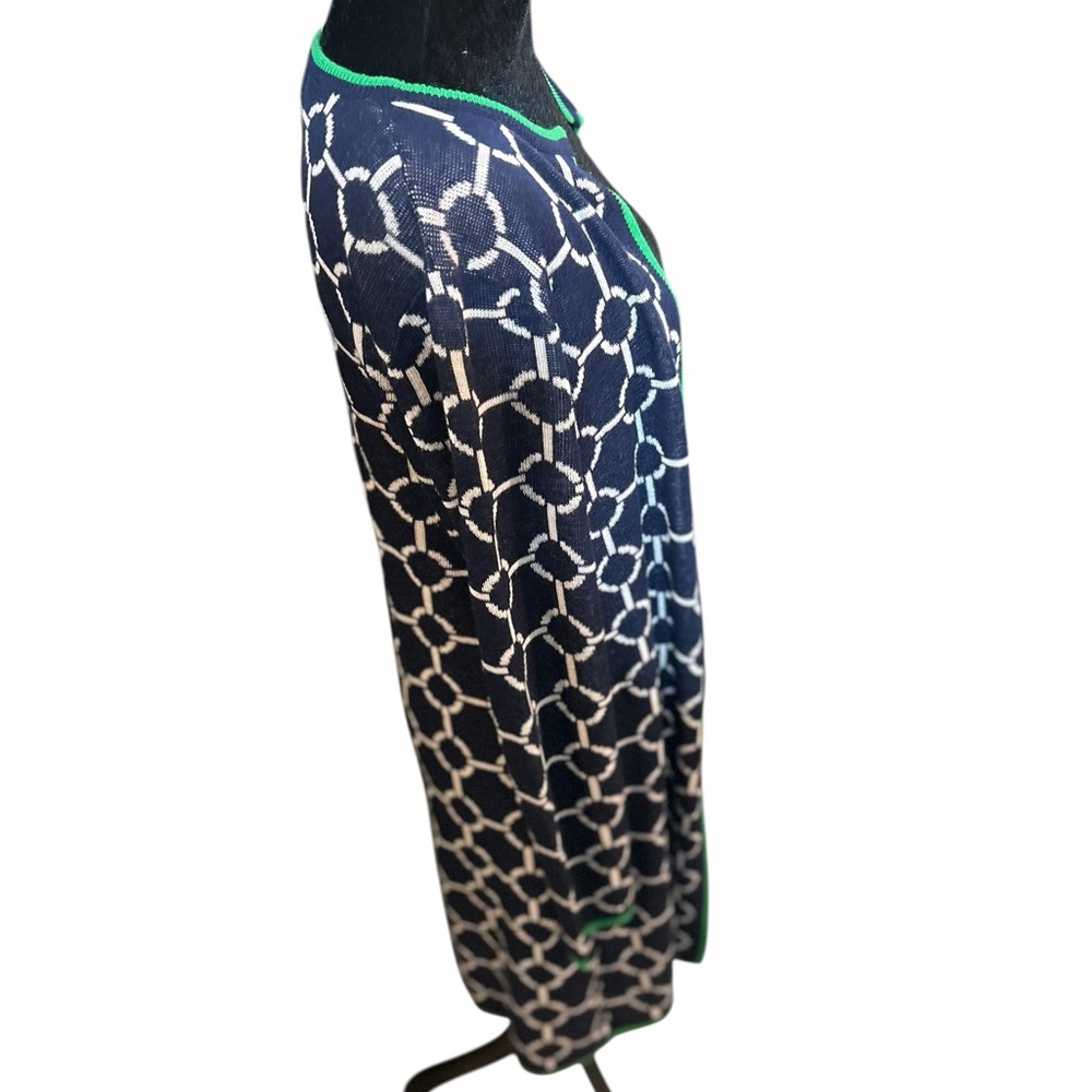 Navy Pattern Cardigan with a fun twist of Green along the edges! Fun! Size Small - Picture 7 of 7